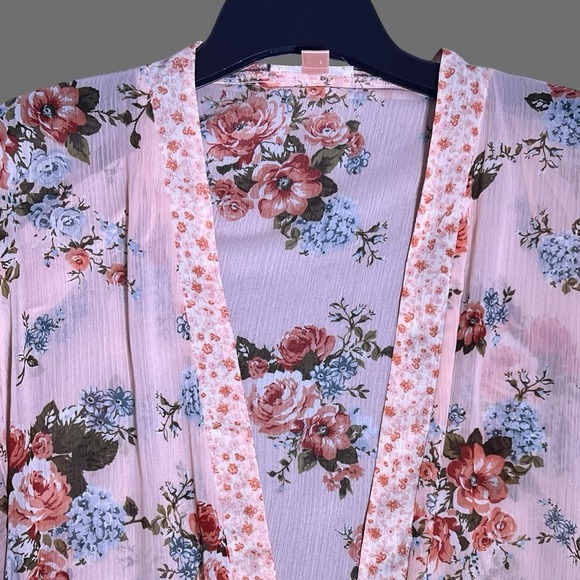 BOG Collective Kimono‎ Duster Cardigan Womens XS/S Pink Floral Hi Lo Sheer Open - Picture 7 of 14